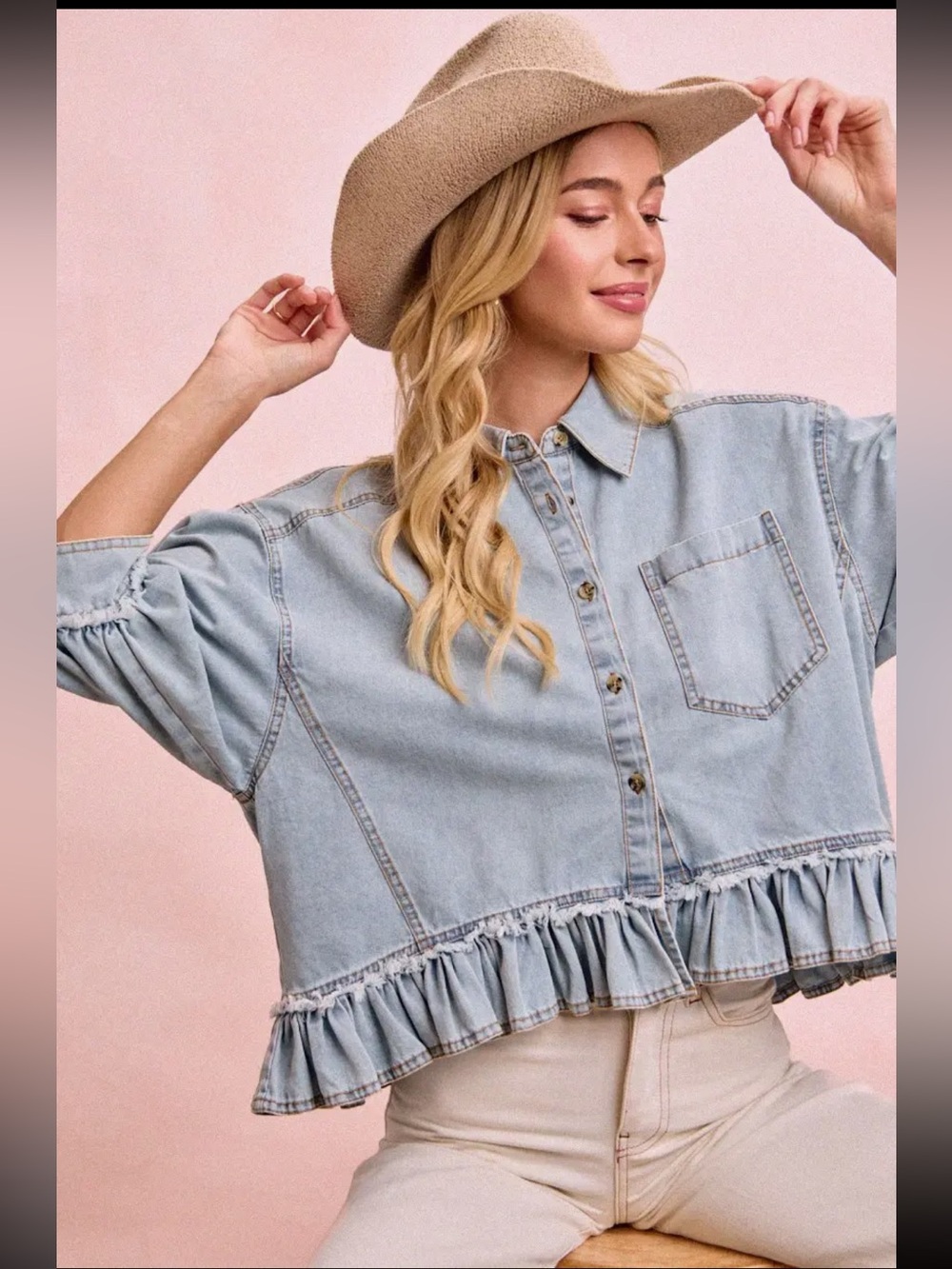 537. Washed Denim ruffled hem button down top - Picture 2 of 3